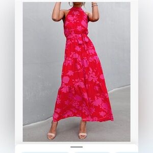 Elegant Red Floral Halter Dress